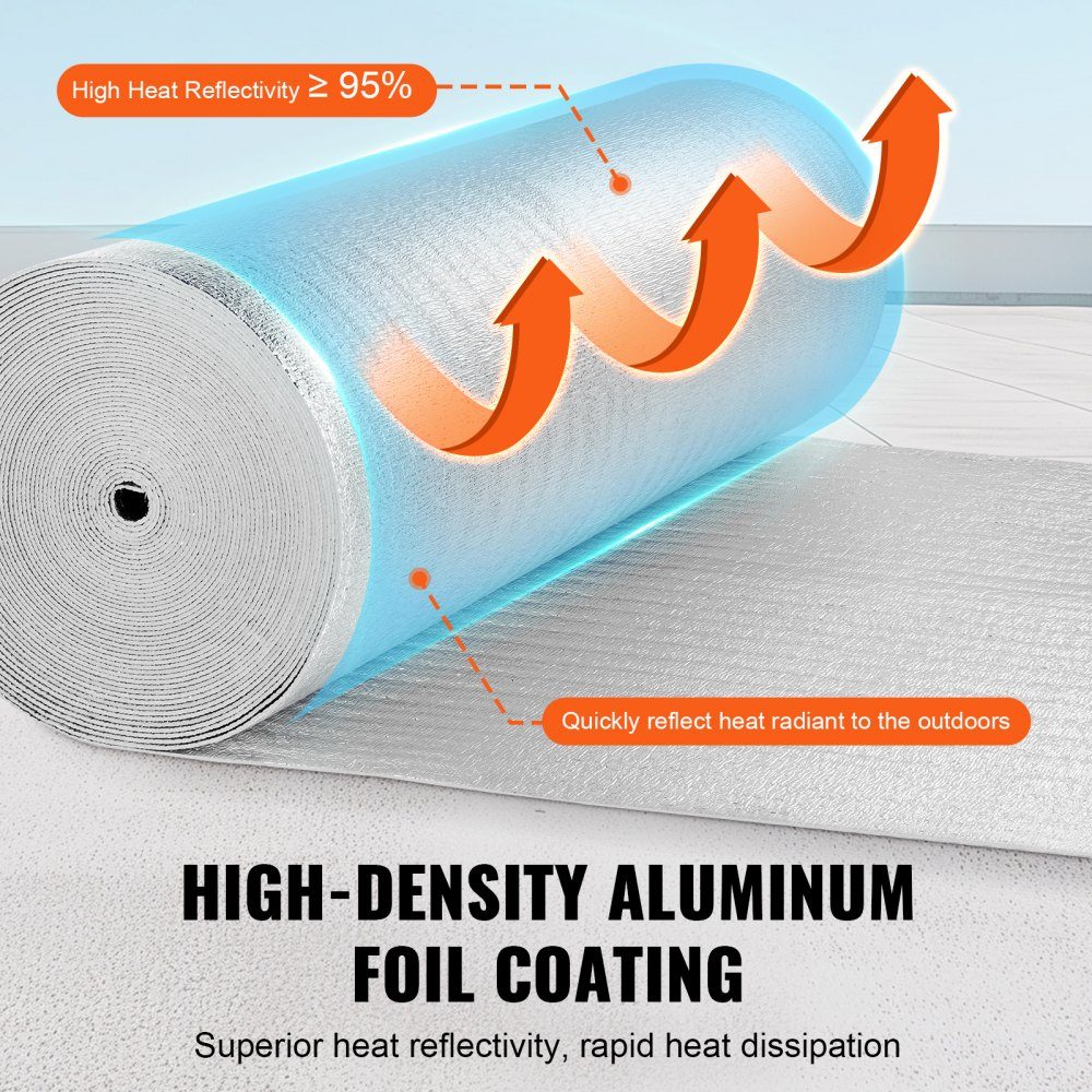 Dubbele reflecterende isolatierol, stralingsbarrière met schuimkern, 3,2 mm, 48 "x 100 ft, dubbelzijdig warmtereflecterend bord gemaakt van aluminiumfolie en EPE-schuim, thermische isolatierol voor ramen en camperdaken