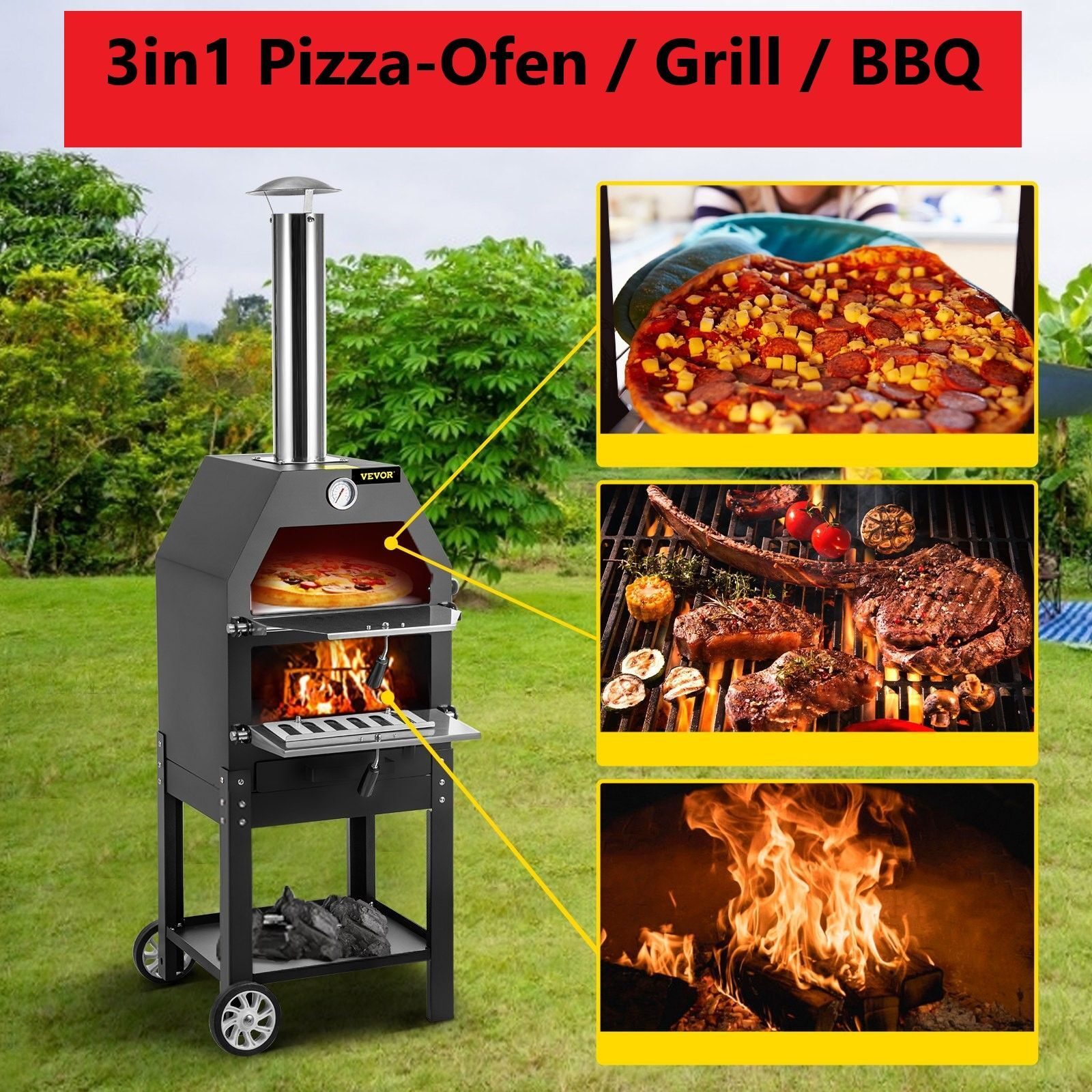 3in1 Outdoorküche Backofen Herd Pizzaofen 500°C Gartenküche Pizzaofen Grill mit Pizzasteinofen BBQ