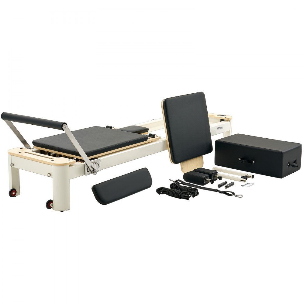 Pilates Reformer-Maschine, Pilates-Bett aus Aluminium mit Sitzbox und doppeltem Widerstand – Feder und Kordel, für Fortgeschrittene und Anfänger, Heimfitnessgeräte bis zu 400 Pfund
