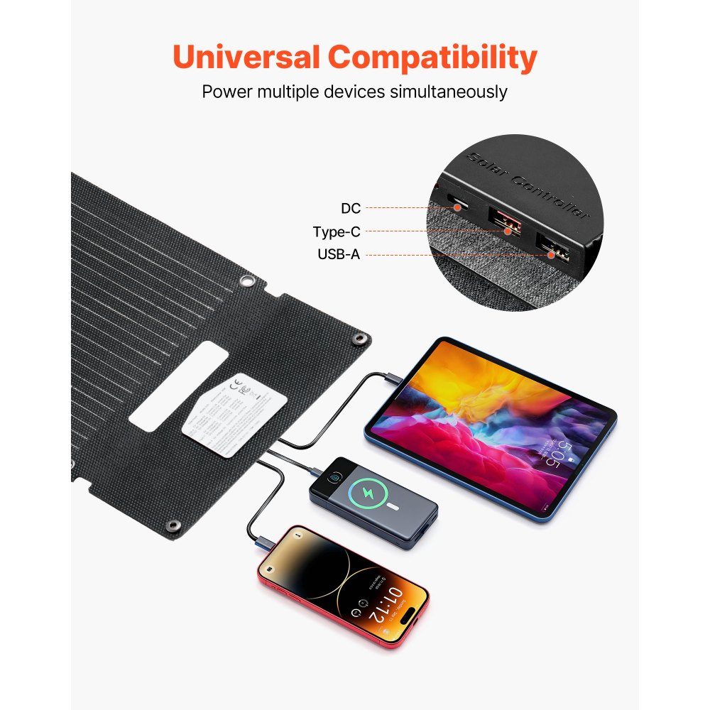 Składany panel słoneczny 30 W, monokrystaliczny panel słoneczny typu N 16BB, przenośna ładowarka słoneczna z portami USB-A, USB-A (QC3.0) i Type-C do biwakowania, wędrówek z plecakiem, telefonów komórkowych i tabletów