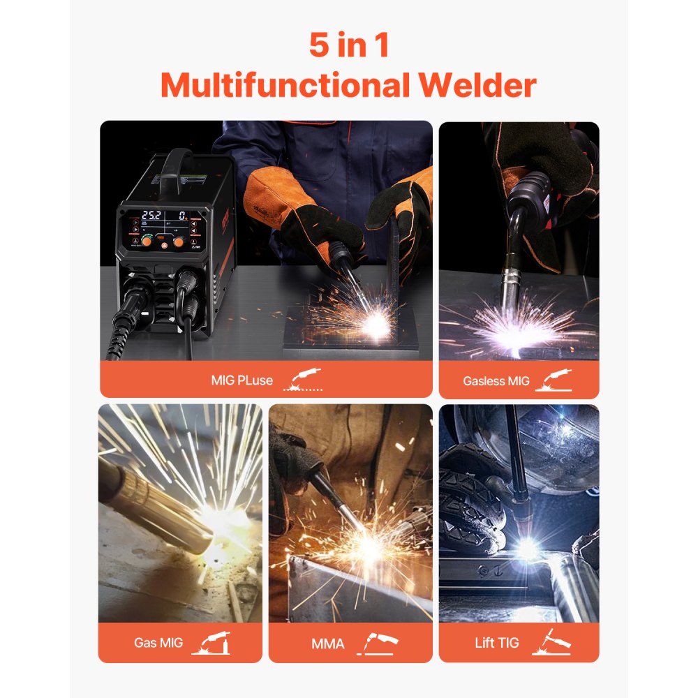 Pro MIG Welder, 200 Amp Pluse MIG Welder, 5-in-1 Welder MIG Pluse, Gasless MIG, Gas MIG, MMA and Lift TIG, with IGBT inverter technology and LCD screen display Pro MIG Welder, 200 Amp Pluse MIG Welder, 5-in-1 Welder MIG Pluse, Gasless MIG, Gas MIG, MMA and Lift TIG, with IGBT inverter technology and LCD screen display
