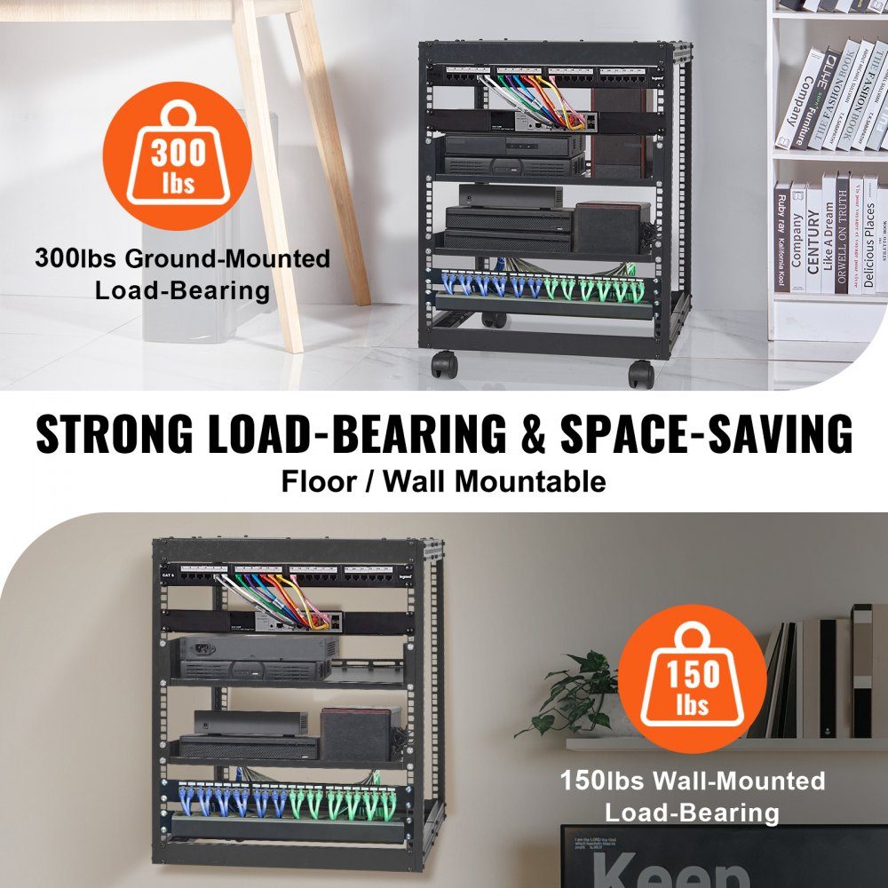 12U Open Frame Server Rack 23-40" Adjustable Depth Freestanding/Wall Mounted Network Server Rack 4 Post AV Rack with Wheels for all your Network IT Equipment AV Equipment