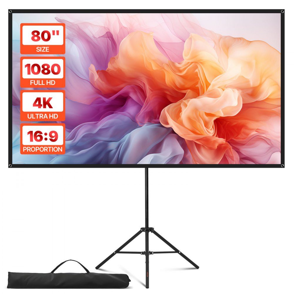Projection screen tripod screen (80 inch) with 160° wide angle, projector screen for indoor and outdoor projector 16:9 4K HD, portable film screen with carrying bag for home cinema presentation