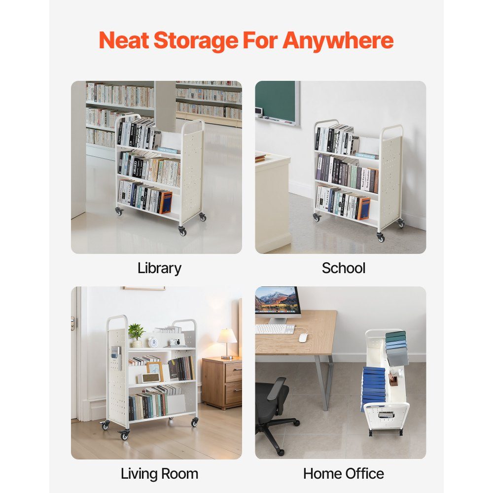 Book Trolley 150kg Load Capacity Library Trolley 97 x 51.5 x 122.5cm Double Sided W Shaped Bookshelf with Double Brake Wheels Bookshelf Trolley for Living Room Office School White