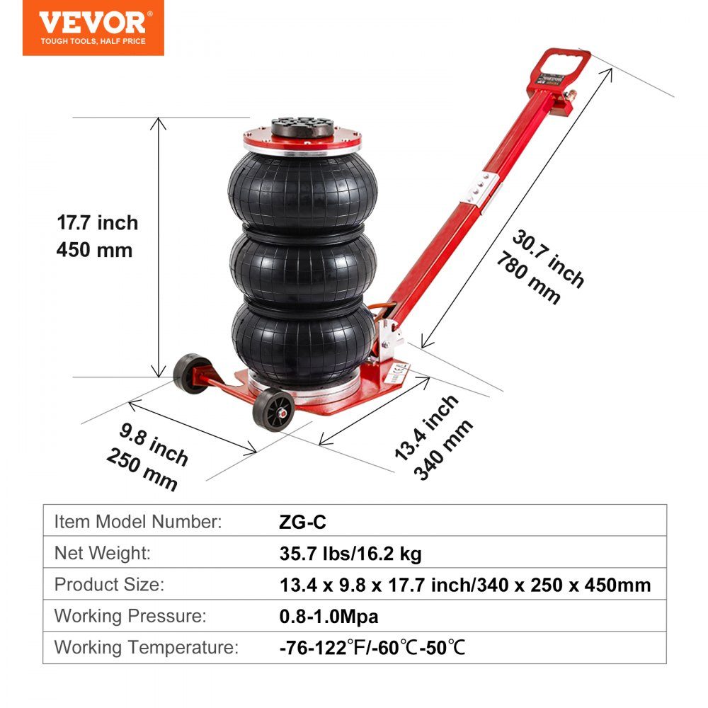 Pneumatyczny podnośnik samochodowy Triple Bag Air Jack 3 t, triple bag air Podnośnik pneumatyczny z poduszką powietrzną o wysokości podnoszenia jack 140-450 mm, skok 3-5 s z długim uchwytem, ​​podnośnik do naprawy samochodów osobowych i ciężarowych