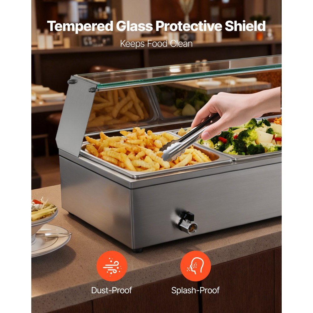 Chauffe-plats professionnel avec couvercle en verre et 3 récipients (taille 1/2) 1,5 kW Réchauffeur de buffet en acier inoxydable, récipient de buffet, bain-marie, station de réchauffement des aliments pour restaurants, fêtes, buffets