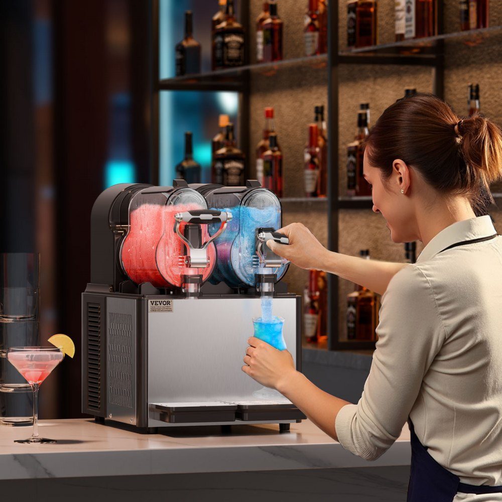 Kommerzielle Slush-Eismaschine, 3 l x 2, Doppeltankmaschine für gefrorene Getränke, 24 Tassen, Edelstahl, Slush-Eismaschine, Softeismaschine für Partys, Restaurants, Cafés, Bars, Schwarz
