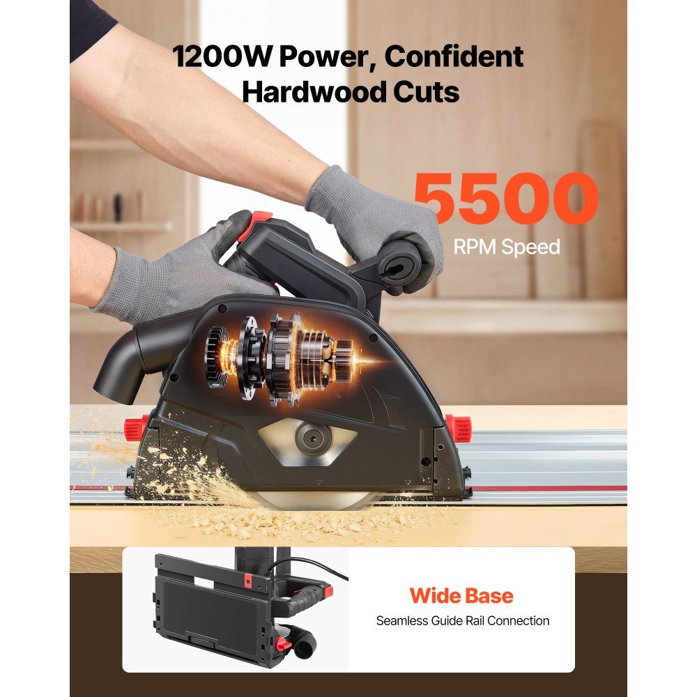 Plunge saw, 165.1 mm, hand-held circular saw with 48-zahnigem carbide saw blade, angle adjustment 0-45°, cutting depth 55 mm, for wood & plastic, guide rail Not included