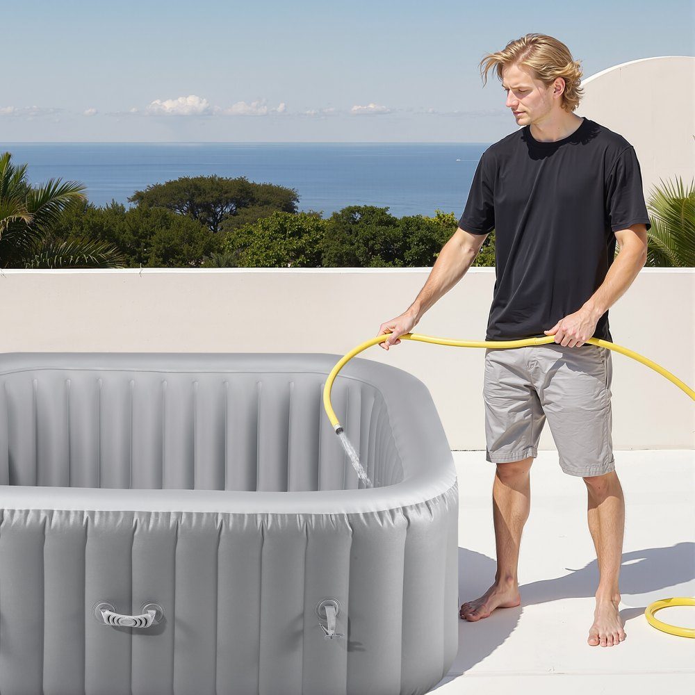 Aufblasbare Badewanne für 4 bis 6 Personen (185 x 66 cm), quadratisch und tragbar, mit 130 wohltuenden Düsen, Filter, Abdeckung, Matte und multifunktionalem Bedienfeld, PVC-Außen-Whirlpool