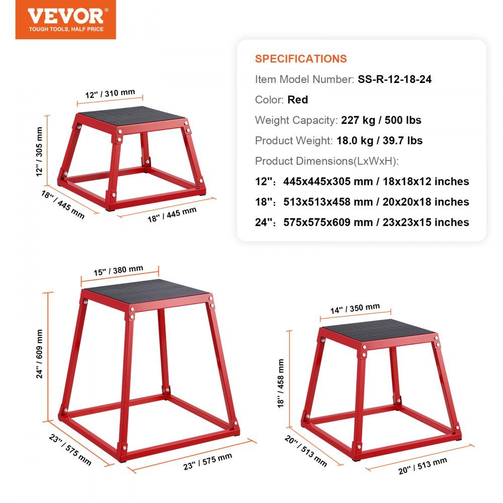 Boîtes de saut pliométriques 3 pièces, boîte pliométrique rouge de 305/458/609 mm, ensemble de boîtes d'exercices de remise en forme antidérapantes pour l'entraînement de fitness à domicile, l'entraînement de force de conditionnement, l'entraînement de sa