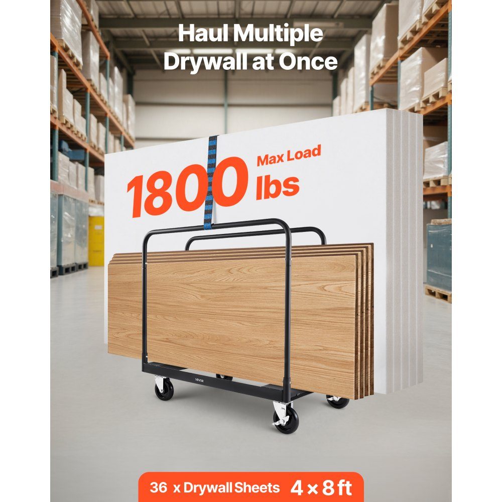 Bordenwagen, 816 kg, transportwagen met 360° zwenkwielen, bordenwagen met sjorband en 3 zijleuningen, bordenwagen, transporthulp voor fabriek, magazijn, garage, zwart, 955x610x935 mm