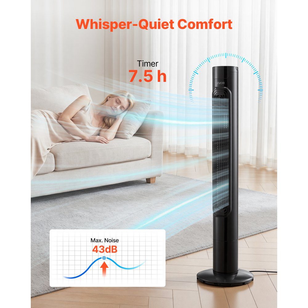50 W Turmventilator, 985 mm Säulenventilator mit 3 Geschwindigkeiten, 3 Modi, 7,5-Stunden-Timer, 50° oszillierender Ventilator mit Fernbedienung, leiser Standventilator für Schlafzimmer, Büro, Schwarz