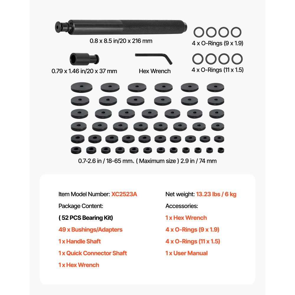 Bearing Press Set 52 Piece Bearing Ring Seal Driver Set with 49 Bushings and Handle Shaft Bushing Driver Tool Set Removal and Installation Carbon Steel with Storage Case