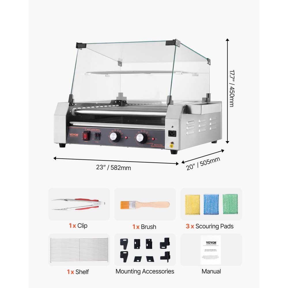 Hot Dog Grill Machine Hot Dogs 11 Rolls Stainless Steel 2200W Electric Grill with Cover & 2 Temperature Controls & Side Storage Box & Removable Shelf & Oil Drip Tray