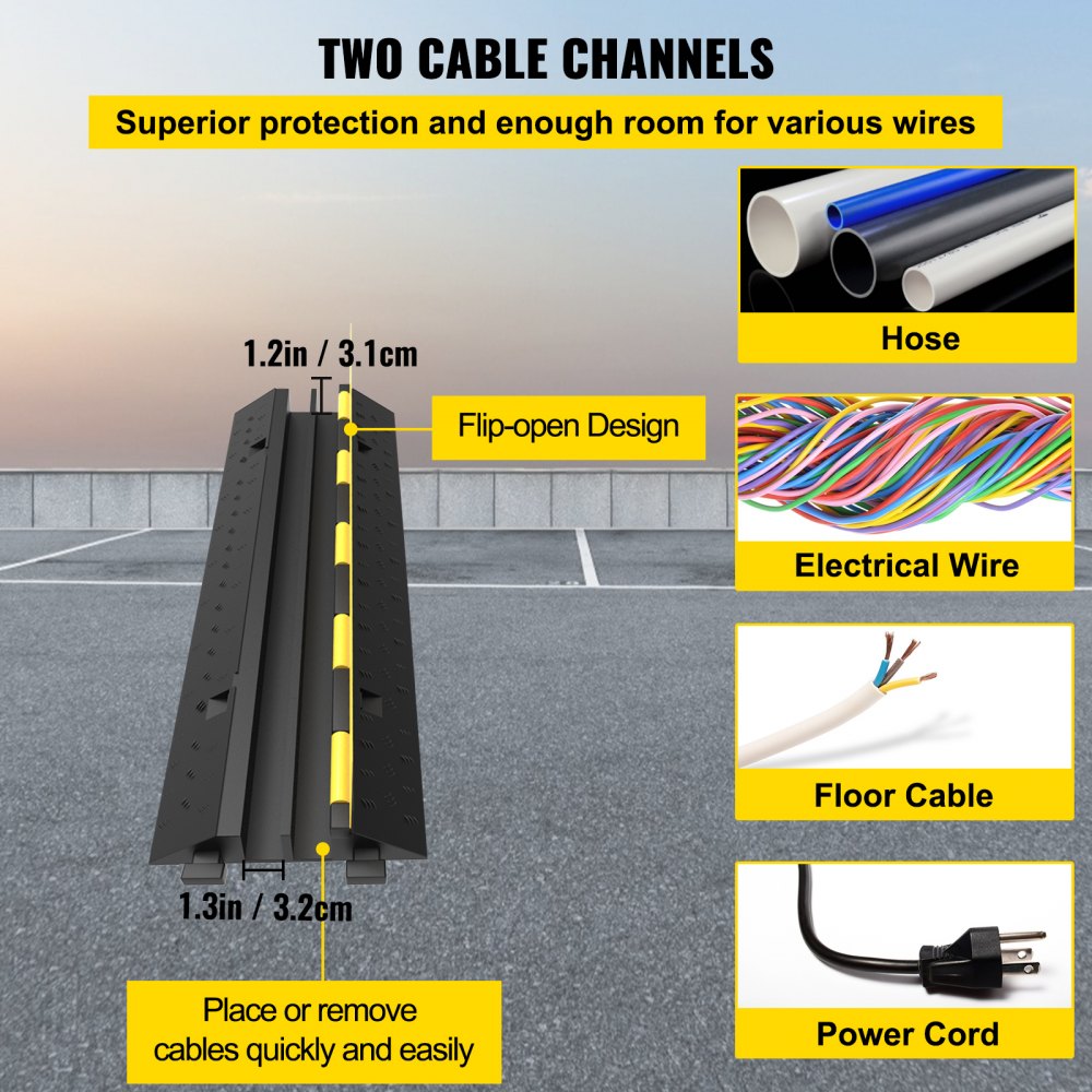 Cable protection mat, 3 pieces, 2 channels, 101 x 25 x 5 cm, overrun protection for cables, cable bridge 5T made of commercially available thermoplastic rubber with modular design for parking lots, warehouses, black Cable protection mat, 3 pieces, 2 channels, 101 x 25 x 5 cm, overrun protection for cables, cable bridge 5T made of commercially available thermoplastic rubber with modular design for parking lots, warehouses, black