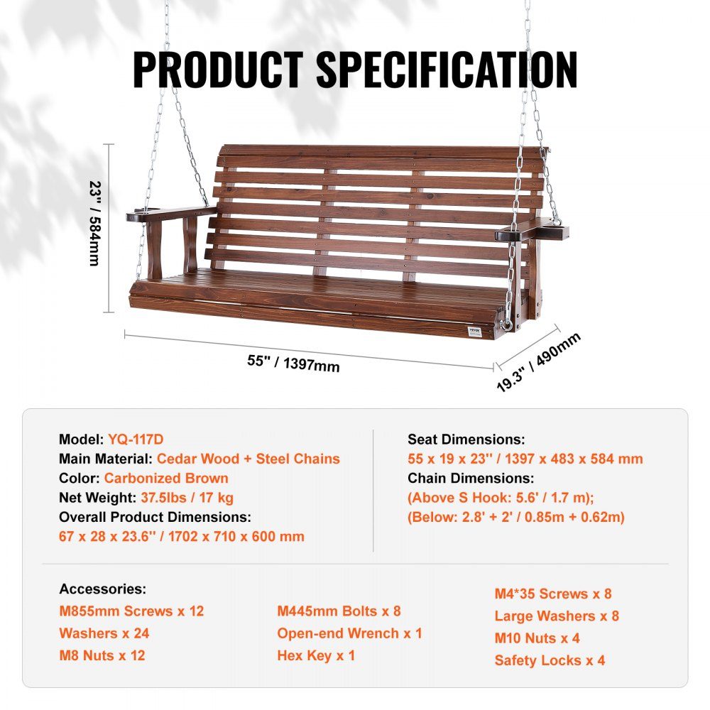 Hollywood-schommel van cederhout, 1702x710x600mm, terrasschommel voor erf en tuin, verbeterd draagvermogen van ca. 400 kg, robuuste schommelstoelbank met ophangkettingen voor buitengebruik, bruin