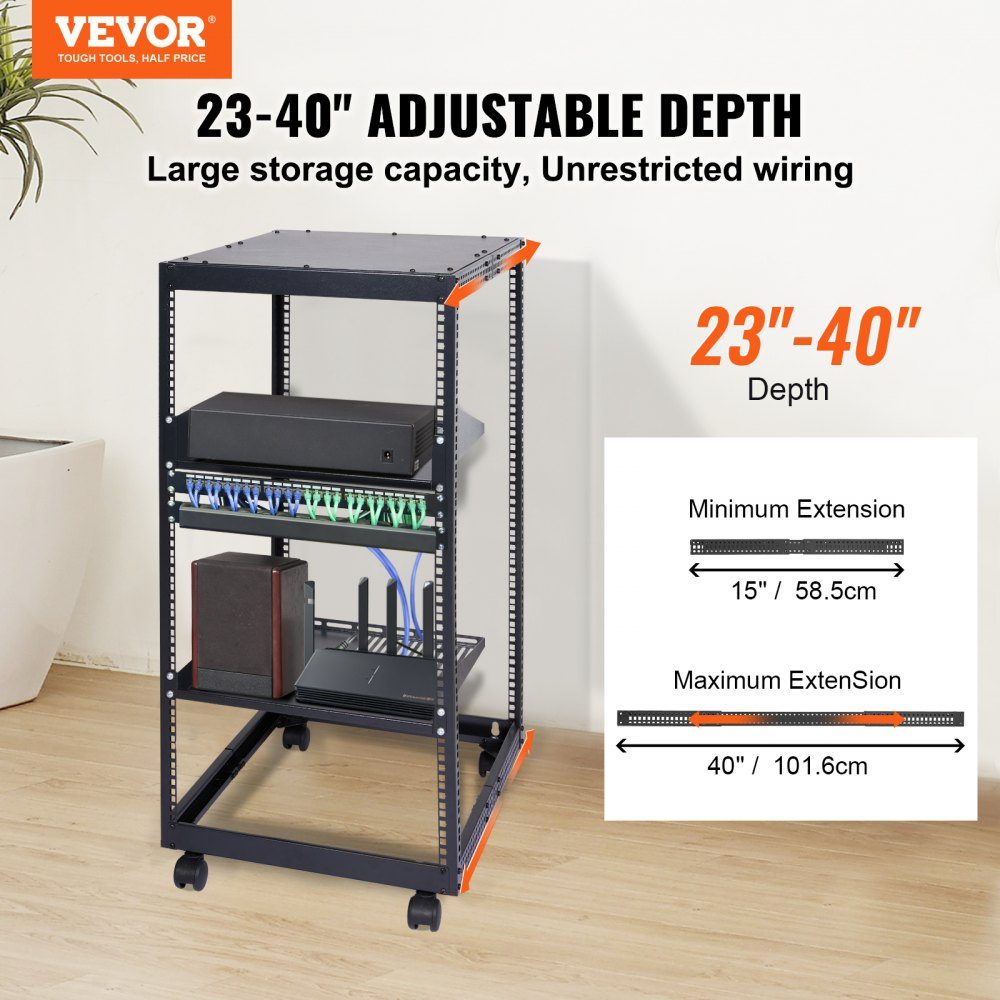 20U open frame server rack, freestanding or wall mounted network server rack, 4 post AV rack with wheels, can accommodate all your network IT equipment and AV equipment