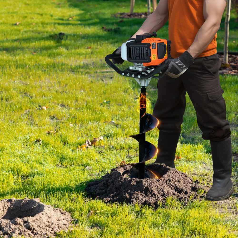 Erdbohrer mit Benzinmotor, 52 CC, 1450 W, Benzinbohrer mit 8-Zoll-Bits und 1 Verlängerungsstange, Pfostenzaunlochbohrer für Ackerland-Gartenpflanzen, Orange + Schwarz