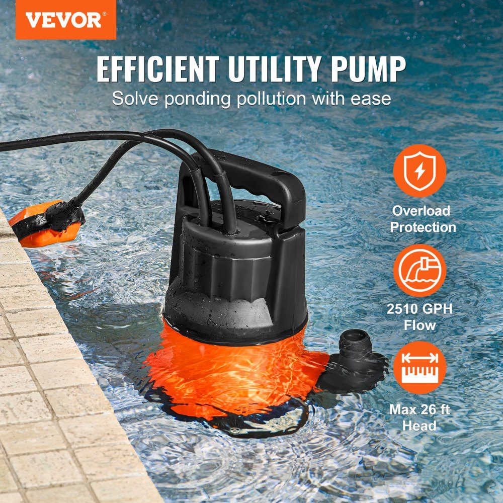 Schmutzwasserpumpe, 400 W, 9500 l/h, hoher Durchfluss, 7,9 m Förderhöhe, Tauchpumpe, tragbare Wasserpumpe mit 3 m Netzkabel zum Pumpen von Wasser aus Schwimmbad, Gartenteich, Keller