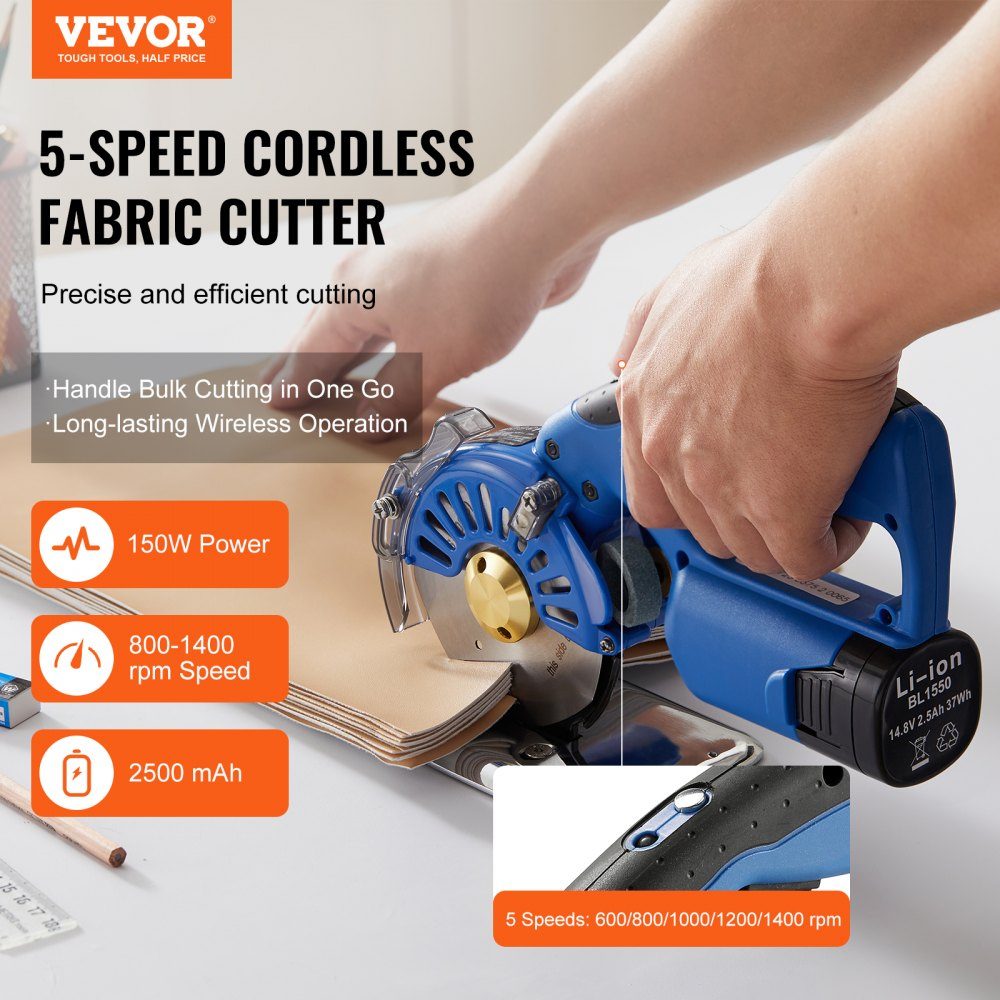 Portable Fabric Cutter 150W Electric Industrial Fabric Cutter Blade Size: 100mm Maximum Cutting Thickness: 27mm Cordless Fabric Scissors Made of Alloy Steel Ideal for Fabric, Cloth, etc