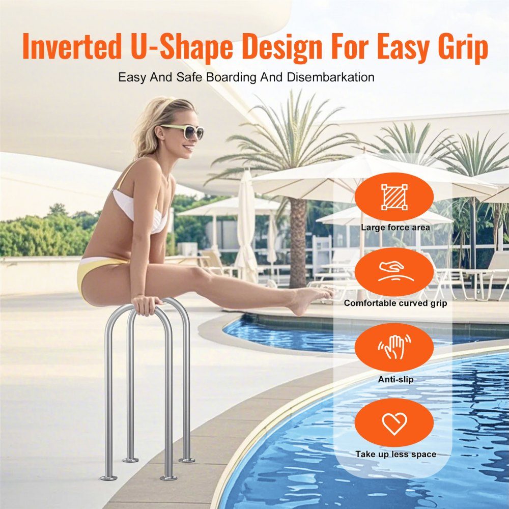 Poolhandlauf 400 x 90 x 915 mm, Pooleinstieg Aluminium mit Bodenplatte für Innen-/Außenpools, benutzerfreundliche Einstiegshilfe für Schwimmbäder, Haltegriff mit Zubehör für Spas und Docks