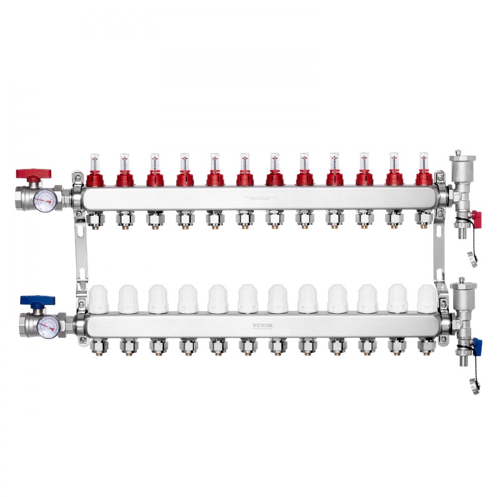 Warmtedistributieverdeelstuk met 12 takken, 1/2" PEX-buisverdeelstuk, roestvrijstalen PEX-verdeelstuk voor hydronische vloerverwarming, PEX-verdeelstukset voor warmtedistributie met 1/2" adapters inbegrepen