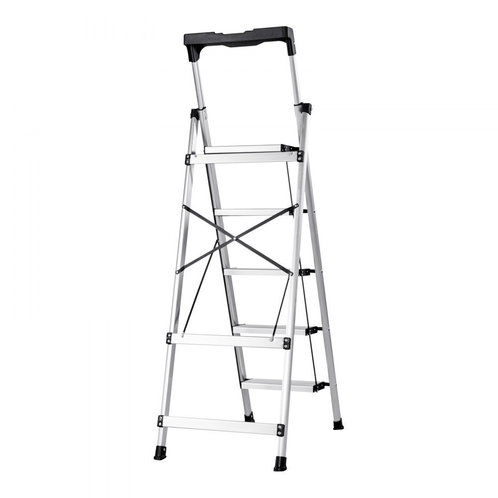 Step Ladder 5 Steps, Folding Ladder with Anti-Slip Steps & Comfortable Handle, Household Ladder Load Capacity 150kg, Aluminum Safety Ladder for Kitchen, Warehouse, Home & Office, Silver
