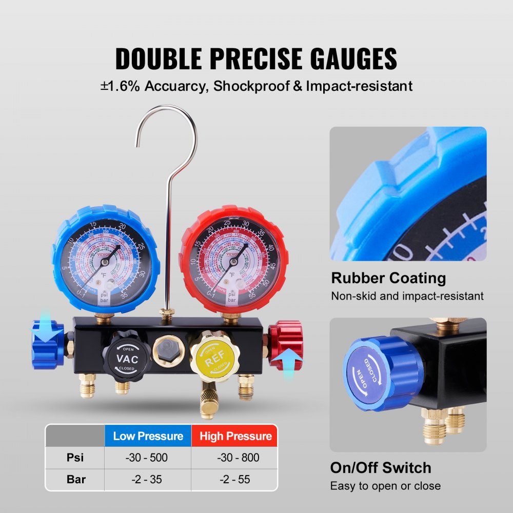 Refrigerant Pressure Gauge 4 Way Car Refrigerant Distributor Gauge Set R134A-R12-R410A-R22 AC 4pcs 1524mm Charging Hoses Refrigerant Distributor Gauge AC Diagnostic Tools Car Air Conditioner