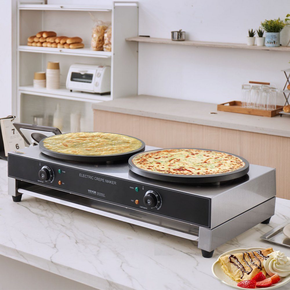 Electric Crepe Maker, Double Head Crepe Machine, 6000W Flat Crepe Grill Plate, Stainless Steel Pancake Oven, Cereal Pancake Oven, Temperature Control (No Plug)