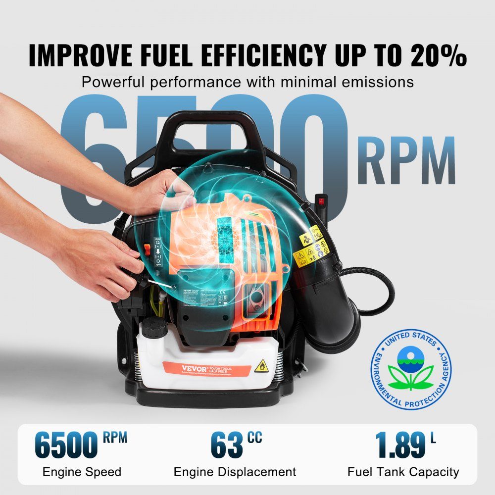Backpack Leaf Blower, 63CC 2-Stroke Gasoline Leaf Blower with 1.89L Fuel Tank, 1110 CFM Air Volume, 220 MPH Speed, Ideal for Lawn Care, Leaf Cleaning and Snow Removal