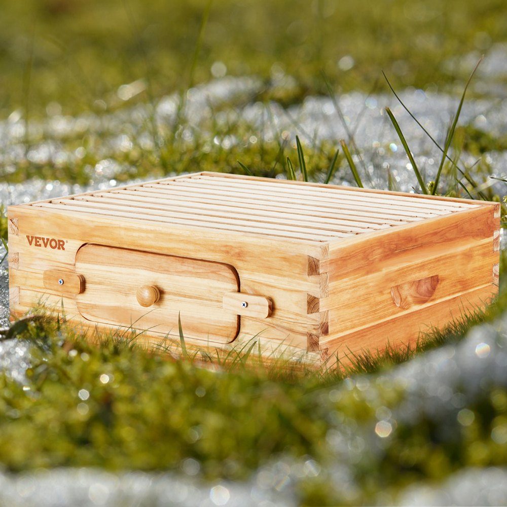 Beehive Starter Kit, Medium Box, 100% Beeswax Coated Natural Fir Wood, Langstroth Beehive Set with 10 Frames and Center Panels, Clear Acrylic Bee Windows