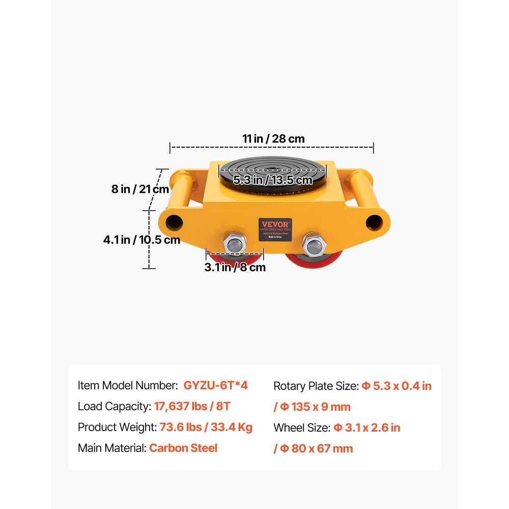 4x armored rollers 8T transport chassis 280x210x105mm transport rollers made of carbon steel industrial roller with 4 PU straightening wheels roller Ф 135x9mm swivel plate furniture transport aid transport roller