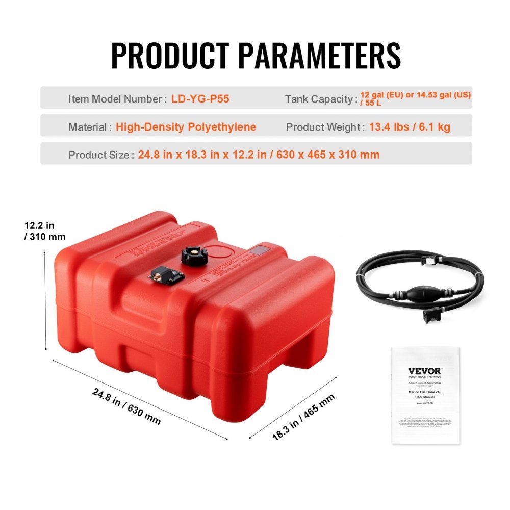Marine Fuel Tank 55L Portable Outboard Engine Boat Tank Plastic Outboard Marine Boat Fuel Tank with Hose Easy to Carry for Yacht Fishing Boat Deck Boat Red