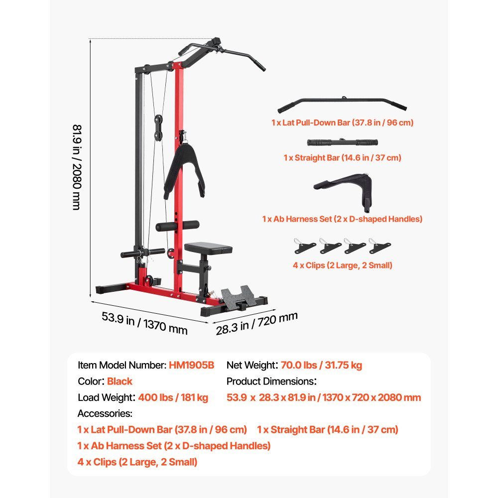 Lat pull-down station, 3-in-1 lat pull-down tower, multi-gym with lat pull-down bar & cable pull, can hold up to 181 kg, strength training for back, arms, shoulders, stomach, lat pull-down machine for the fitness center at home, black