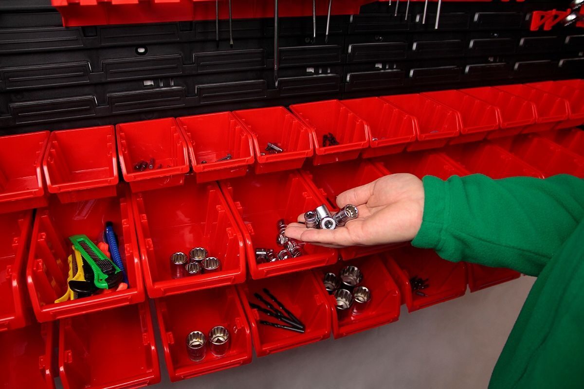 Workshop shelf tool wall 20x stacking boxes color choice 200x290x150