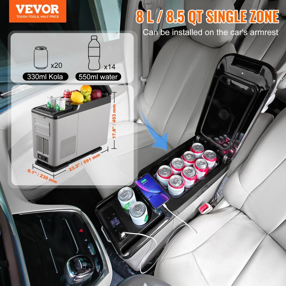 Car Refrigerator, 12V Car Armrest Refrigerator, Portable Single Zone Freezer, 15L, Adjustable Range -20°C to 20°C, 12/24V DC and 100-240V AC, Compressor Cooler for Outdoor Camping