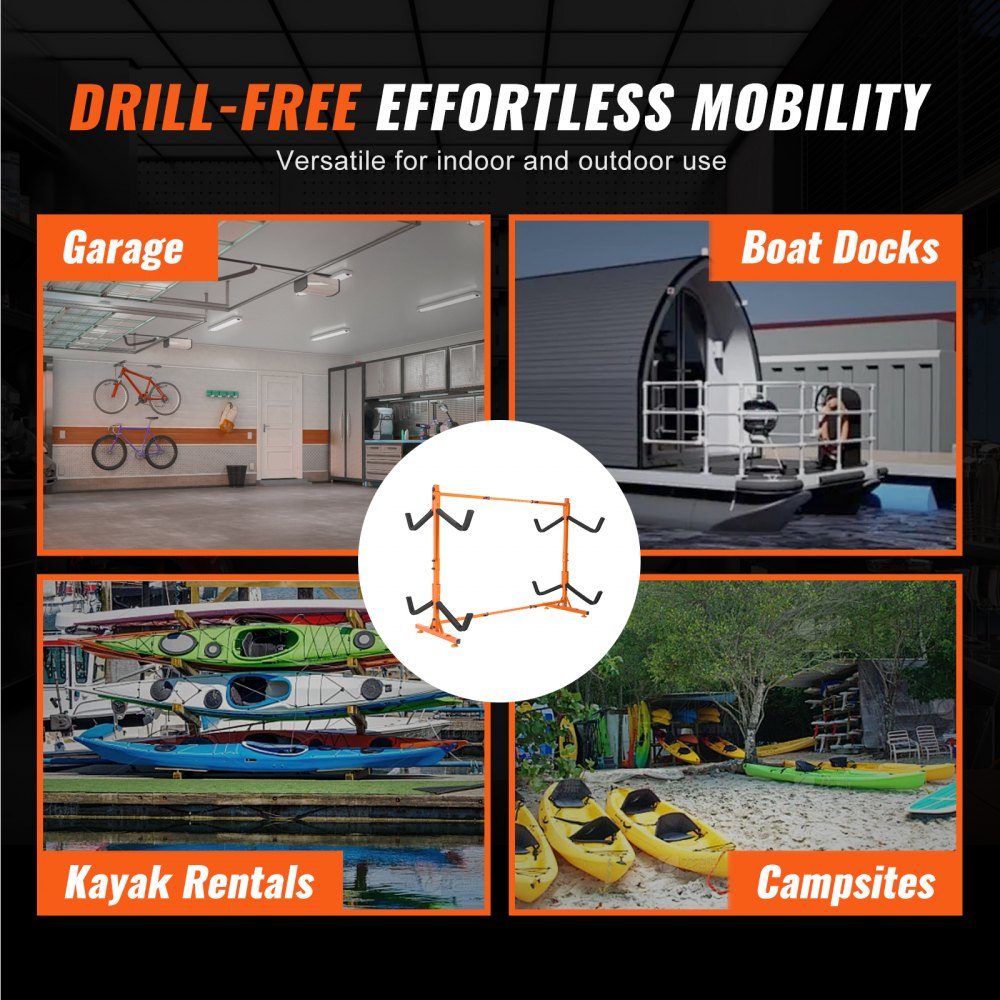 Kayak Holder, Kayak Hanger 1260 x 1070 x 1375mm, Freestanding Kayak Stand 4 Kayaks 1230-1825mm Width Adjustment Range, Kayak Storage Rack, Heavy Duty Kayak Storage Hooks
