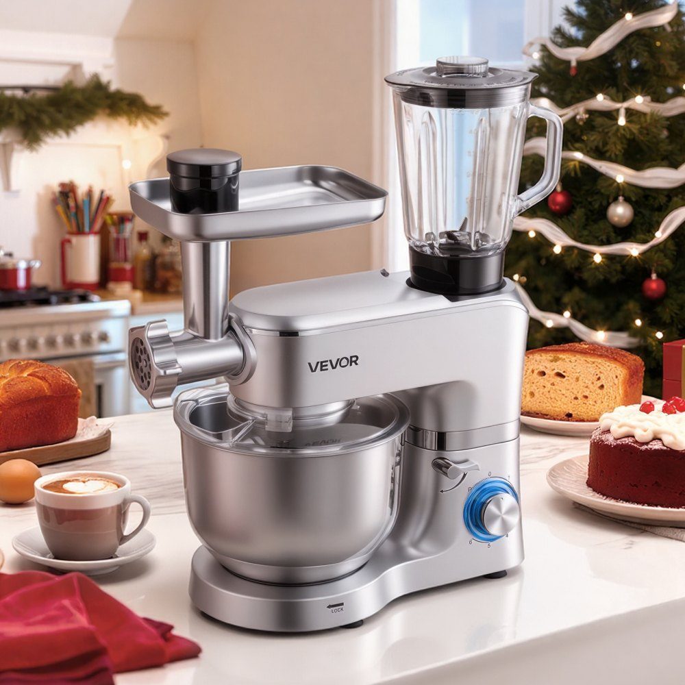 Multifunctional electric food processor 1500 W with stainless steel bowl (6 l) and mixing cup (1.5 l), kneading machine, dough mixer with 6+P speeds, dough hook, whisk and beater