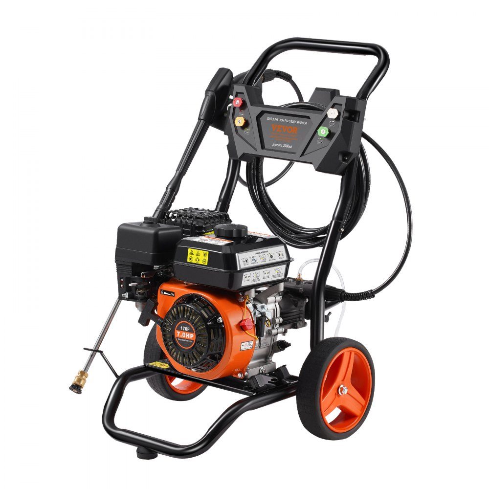 Benzin-Hochdruckreiniger 3400 PSI 2,6 GPM Terrassenreiniger 10 l/min mit Aluminiumpumpe, Druckpistole und Verlängerungsstab, 5-Düsen-Set, für Autos, Zäune, Häuser, Terrassen, vertikal