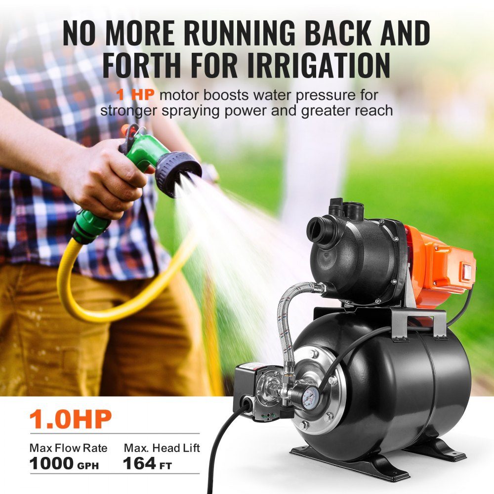 750 W Gartenpumpe, 3700 l/h automatische Bewässerungspumpe mit 50 m Förderhöhe, Kreiselpumpe mit 20/40 PSI Druckschalter, Flachbrunnenpumpe, thermoplastischer Pumpenkopf für Hausgarten und Rasen