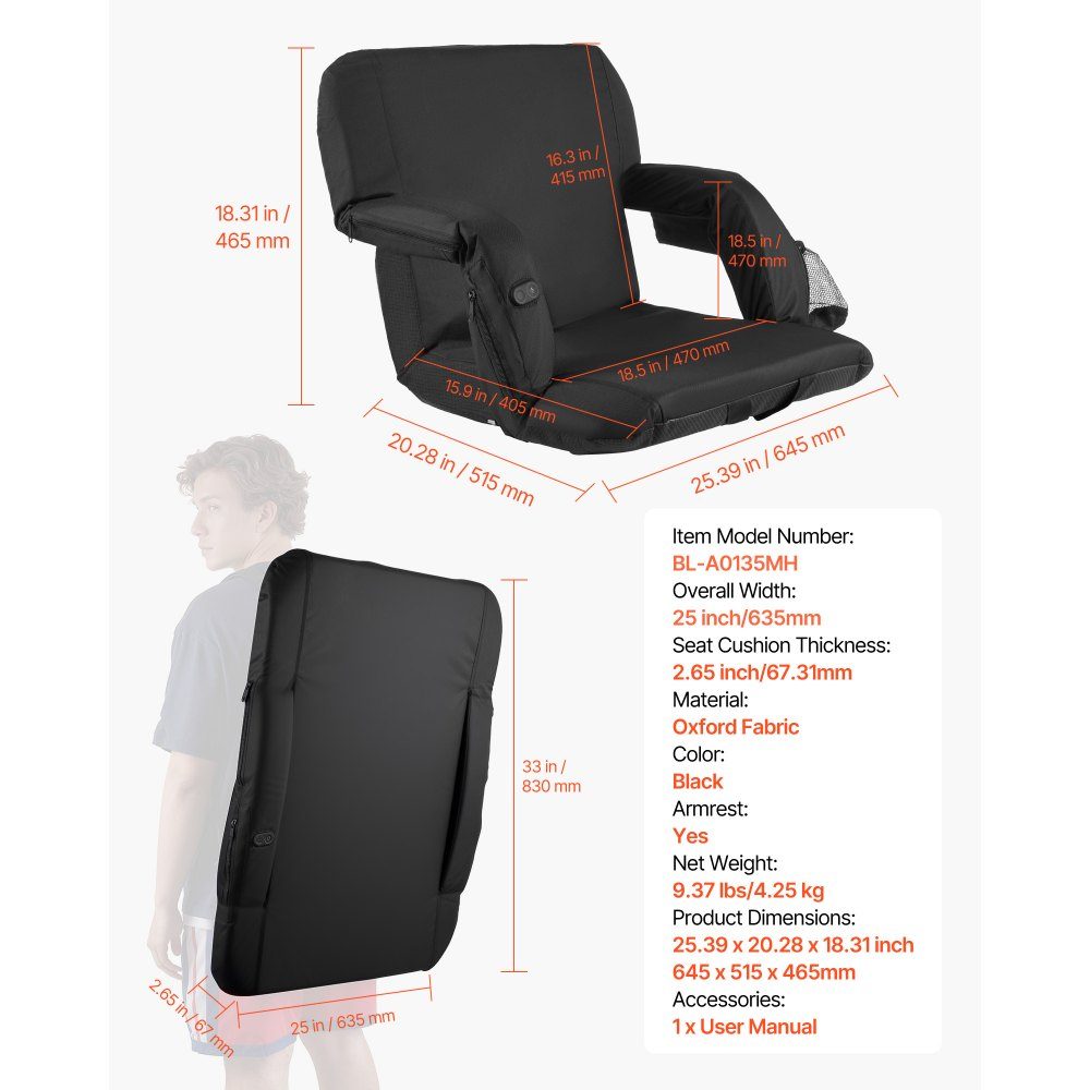 Stadium Seat, Heated Stadium Chair with 4 Pockets, Heated Bleacher Seat with 3 Level Heating and 6 Vibration Modes, Portable Seat Cushion for Camping, Sporting Events, Bleachers, Black