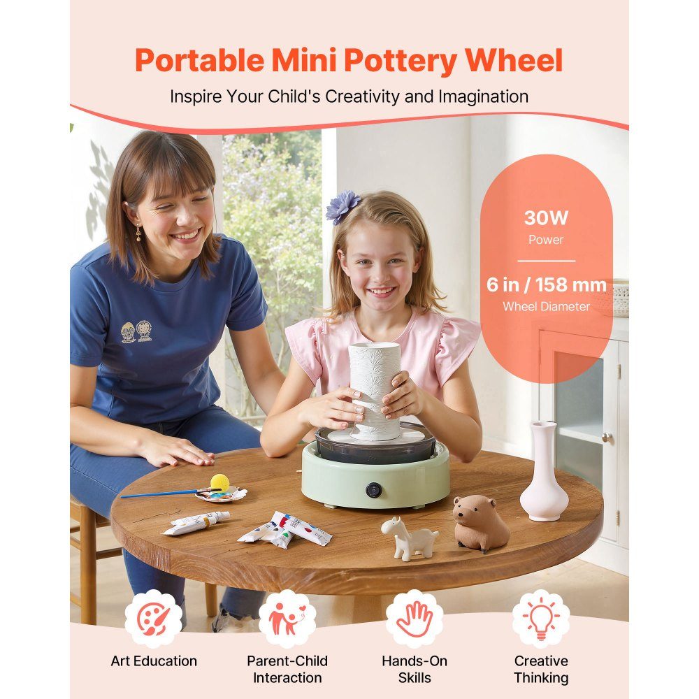 Mini Pottery Wheel Machine, 158mm Adjustable Speed ​​Turntable (0-140RPM), Electric Clay Wheel with Clay Molding Tools for DIY Pottery Classes, Green Round