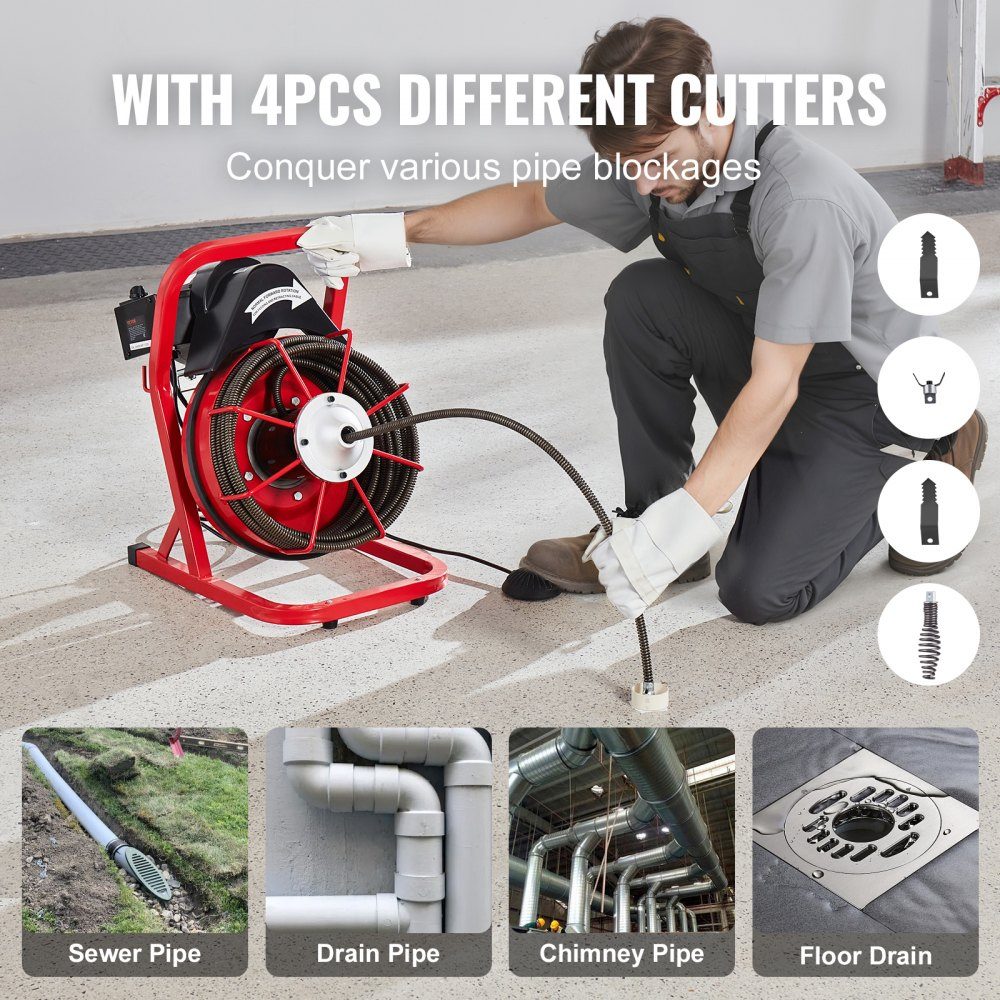 Pipe Cleaning Machine 50 FT x 1/2 Inch, Manual Feed Duct Spiral, 250W Electric Pipe Cleaning Machine with 4 Cutters and Air Activated Foot Switch for 2" to 4" Pipes