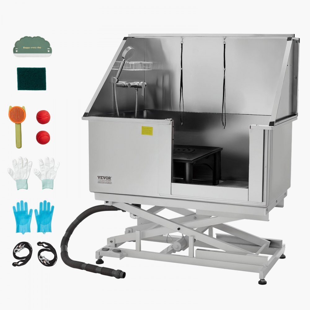 Electric Dog Washing Station with Lift Function, 50 Inch Stainless Steel Pet Grooming Tub with PE Water Filter Plate, Faucet and Shower Head, Dog Bathtub, Pet Wash Basin (Right Door)