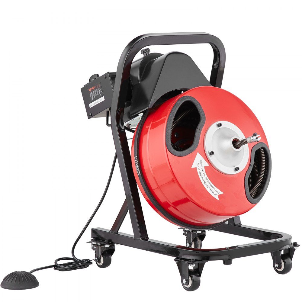 Rohrreinigungsmaschine 50 FT x 1/2 Zoll Manuelle Rohrreinigungsmaschine mit Rädern, 4 Schneidern und luftaktiviertem Fußschalter für 2 bis 4 Zoll Rohre
