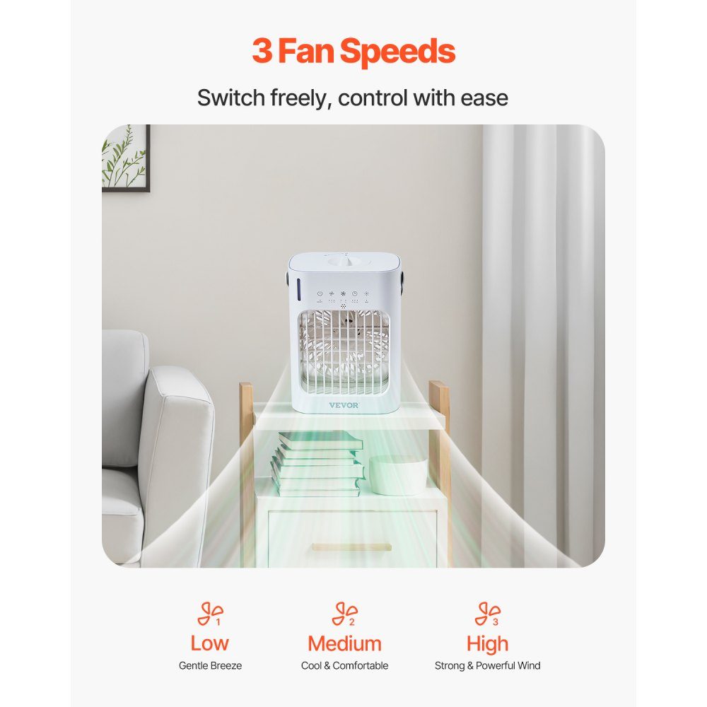 Climatiseur mobile, refroidisseur d'air 4 en 1, mini refroidisseur d'air à 3 vitesses avec minuterie intelligente de 0 à 7 heures, réservoir d'eau de 700 ml, lumière 7 couleurs, mini ventilateur AC personnel pour bureau de chambre à coucher