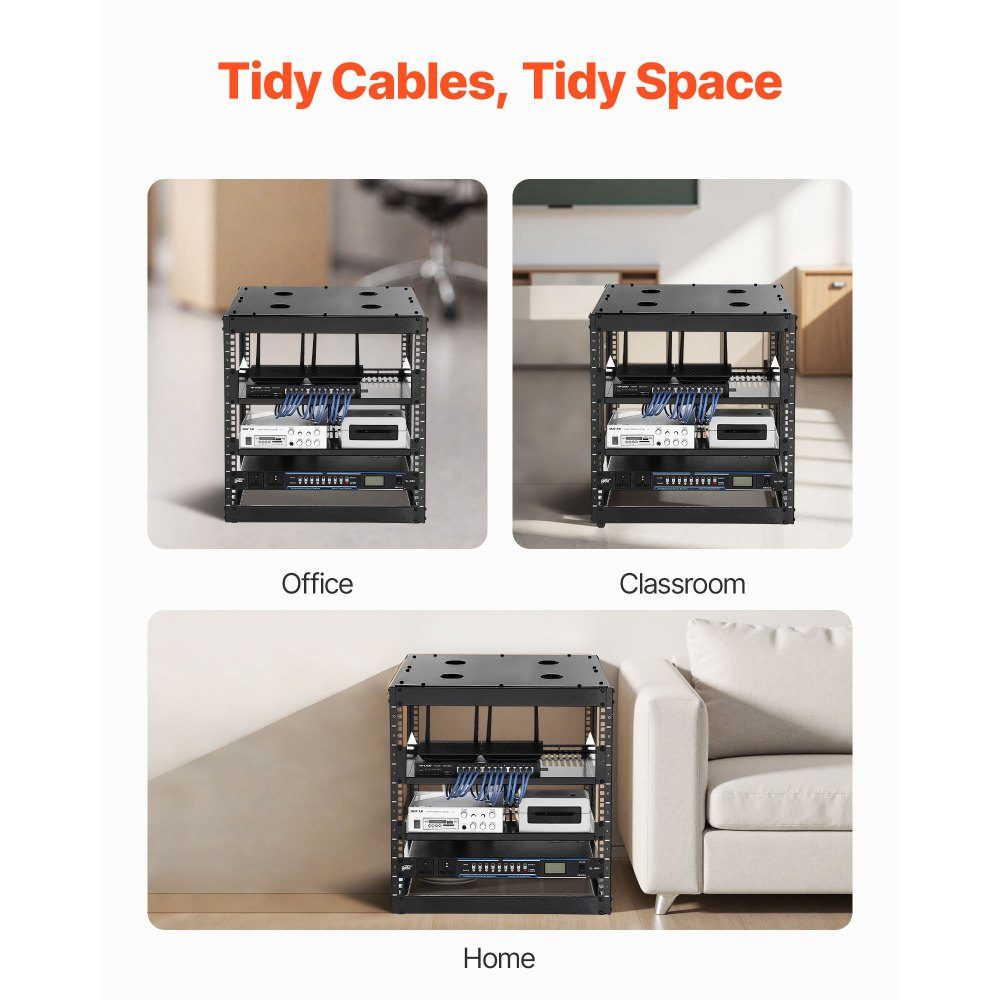 10U open frame network rack, 585mm depth, wall mount or floor standing server rack, 4 post construction, with ventilated shelves and mounting hardware, for all network IT equipment and AV equipment