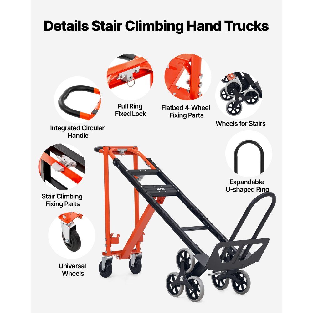 3-in-1 stair truck, sack truck max. load capacity 350 kg, folding transport trolley with handle & wheels, stair climber transport trolley, stacking trolley, stair climber trolley, orange & silver