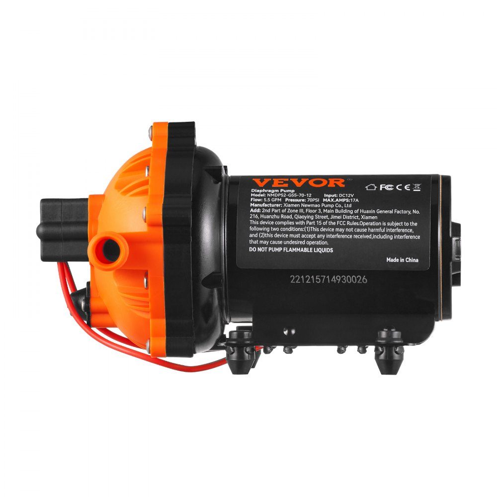 Water Diaphragm Pump, 12V DC, 5.5 GPM Flow, 70 PSI Rated Pressure (40-100 PSI Adjustable), 1/2" MNPT Self-Priming Spray Pump with Pressure Switch for RV, RV, Marine, Boat, Lawn, FCC Certified