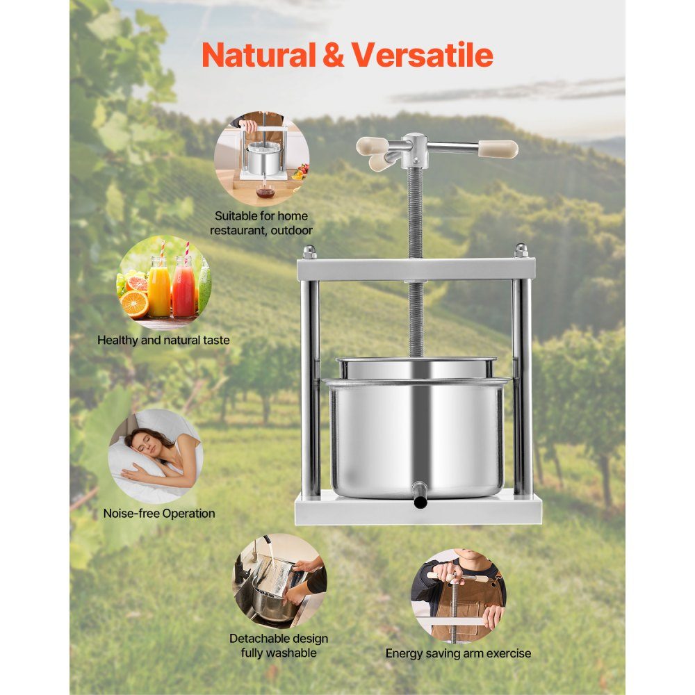 Fruit Wine Press, Fruit Grinder (5L), with 2 Stainless Steel Barrels, Manual Juicer for Wine Making, Cider Press, Apple Press, Grape Press, Olive Oil Press with Triangular Handle for Kitchen